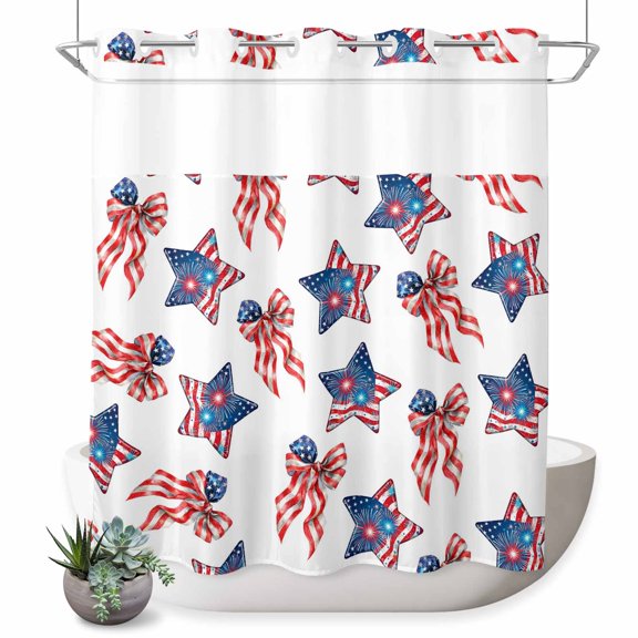 No Hook Shower Curtain, American Flag Shower Curtains for Bathroom with See Through Top Window, 250 Anniversary Freedom Veteran Day Firework Waterproof & Washable Bath Curtain Long 72"x78"
