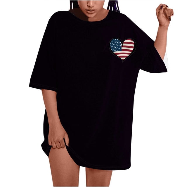 Fiudx Tops para Mujer Camiseta de Manga Corta con Cuello Redondo y Estampado Informal En La Parte Delantera y Trasera Del Día de La Independencia para Mujer