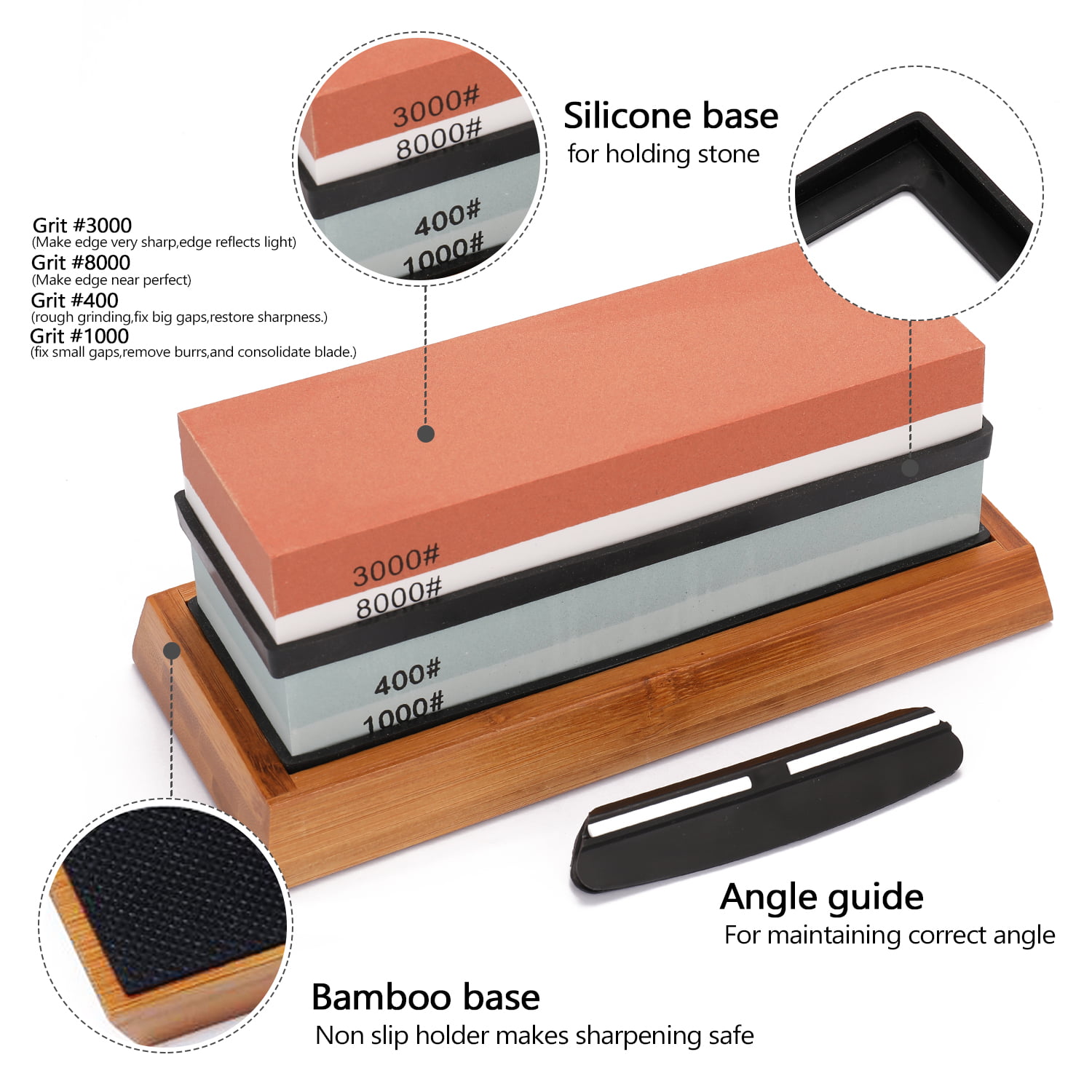 Angle Guide Whetstone 400/1000 3000/8000 Grit with Non-Slip Bamboo Base Anti Skid Rubber Base and Fix Stone for Kitchen Sharpening Stone Set 