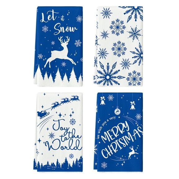 Sm:)e Elk Snow Merry Christmas Winter Xmas Kitchen Dish Towels Blue, 18 x 26 Inch Set of 4