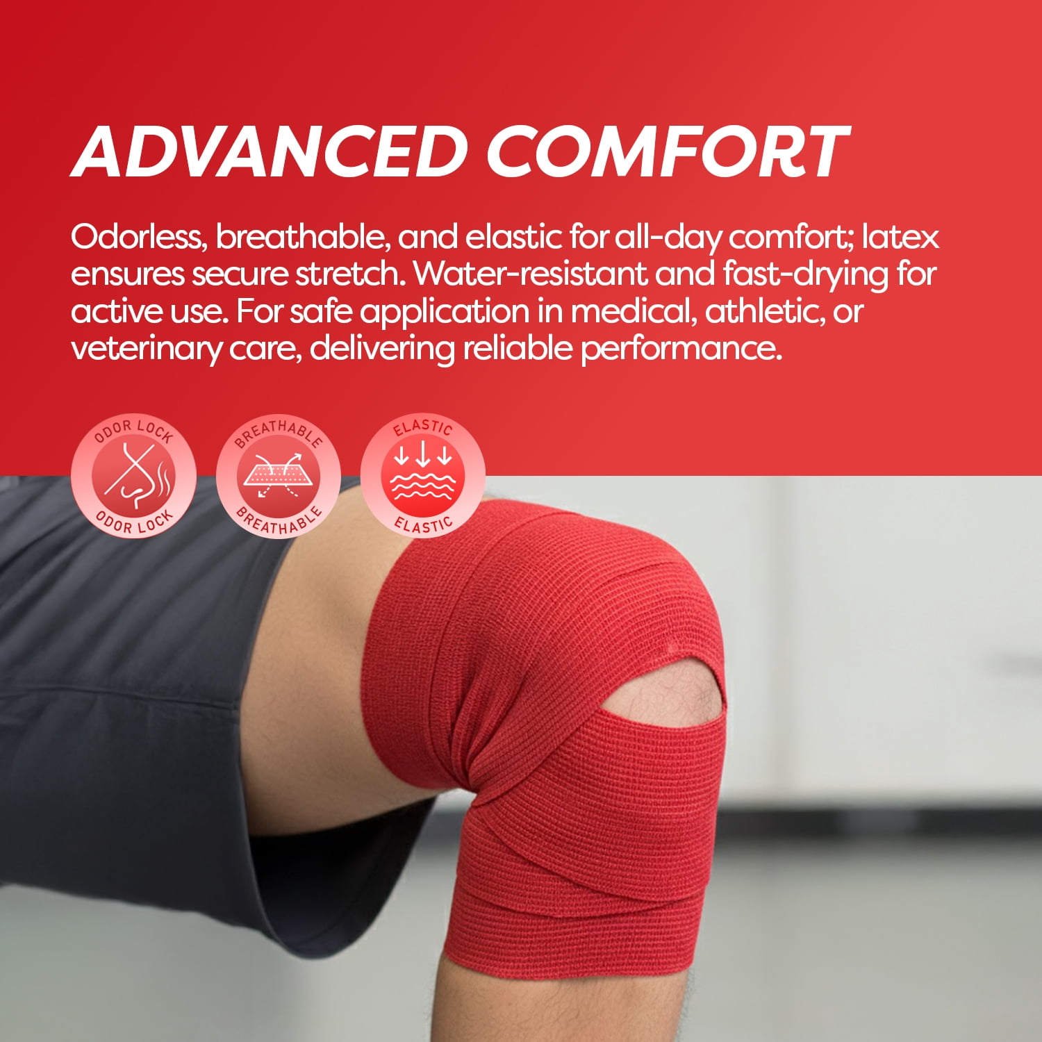 Dynarex Sensi-Wrap Self-Adhesive Bandages, 24-Pack, 3" x 5 yards, Red, Latex-Free, Colored Elastic Cohesive Athletic Tape, Tattoo Grip & Vet Wrap
