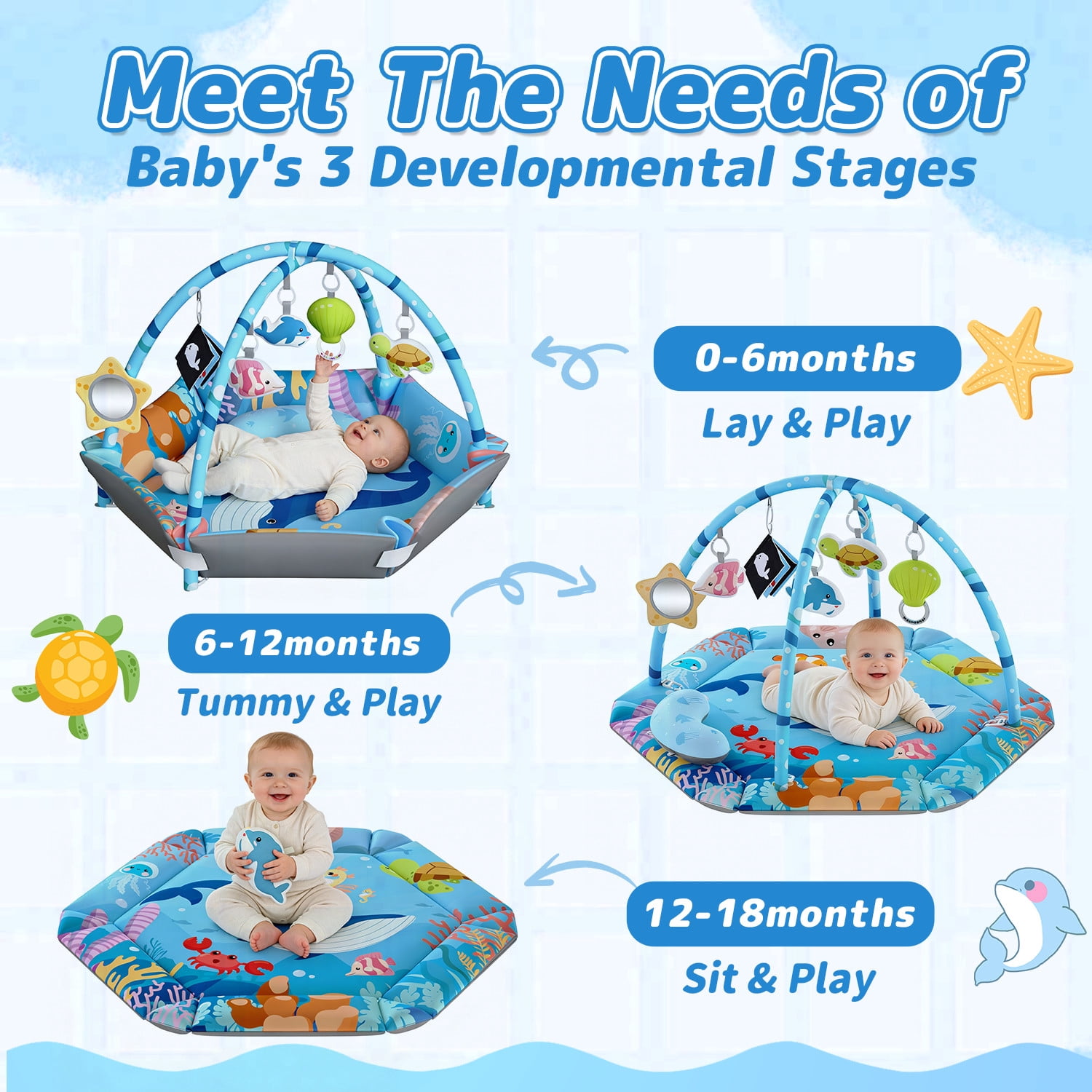 JoyStone Baby Gym Play Mat, 8-in-1 Tummy Time Mat, Infant Play Gym with 6 Detachable Toys, Washable Activity Mat & Ball Pit, Baby Toys Gift for Ages 0-18M