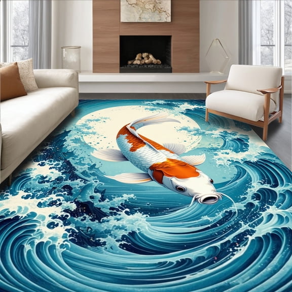 ODIKA 4'x6' Machine Washable Non-Slip Area Rug, Koi Pond Serenity Artistic Fish Entry Foyer Accent High Traffic Rug, Blue, 101956