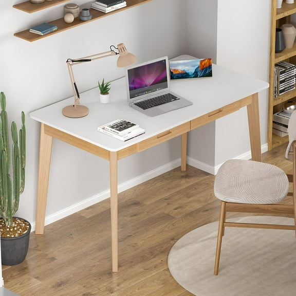 KULAGAGA Writing Desk with Drawers, Modern PC Laptop Computer Table for Home Office,47.2"x21.7", White