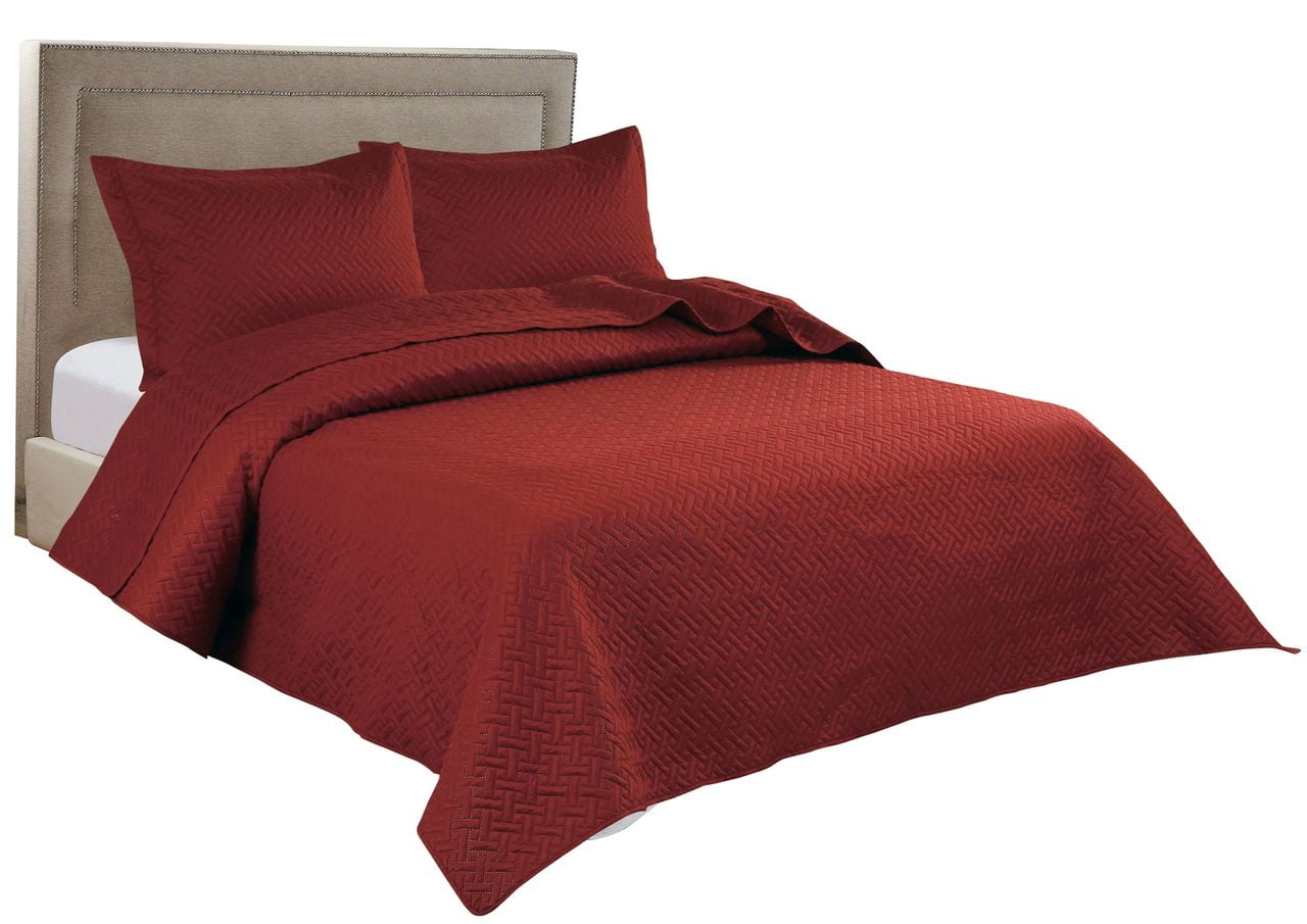 Legacy Decor 3 PCS Squared Stitched Pinsonic Reversible All Season Bedspread Quilt Coverlet Oversized, Queen Size, Brick Color