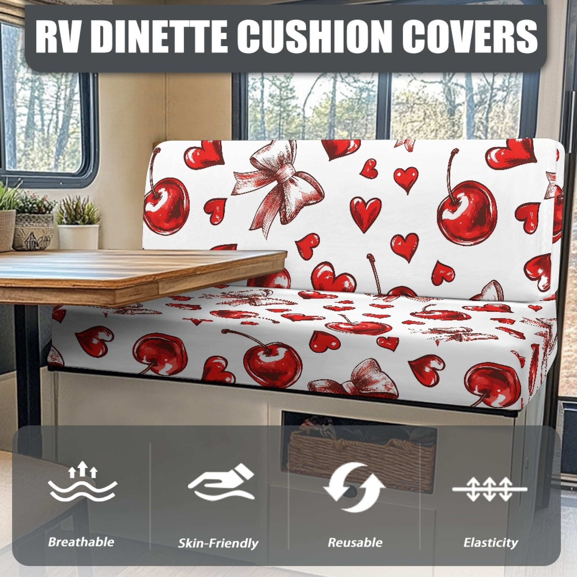 Yuyamidu Cherry RV Dinette Cushion Covers Booth Set Bow Camper Cushions Cover Red Heart RV Couch Covers 2 Pcs Valentine's Day Camper Dinette Seat Covers for Travel Trailer Couch