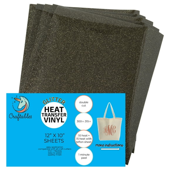 Craftables Gunmetal Glitter Heat Transfer Vinyl, HTV - 5 Sheets Sparkling Easy to Tshirt Iron on Vinyl for Silhouette Cameo, Cricut, all Craft Cutters. Ships Flat