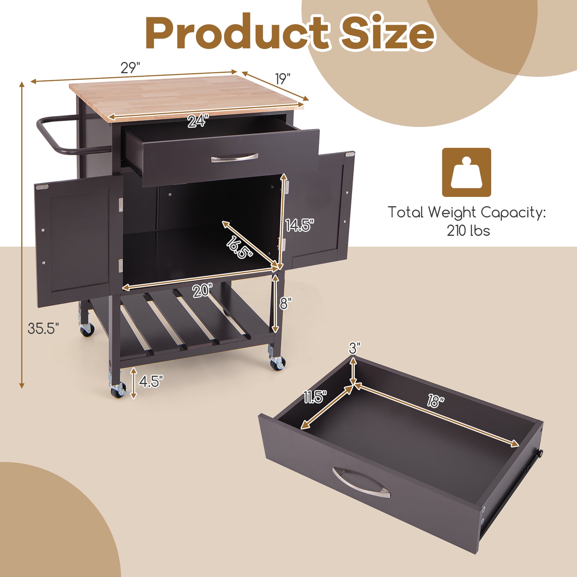 Gymax Rolling Kitchen Island Cart w/ Drawer 2-Door Storage Cabinet Bottom Tray Brown