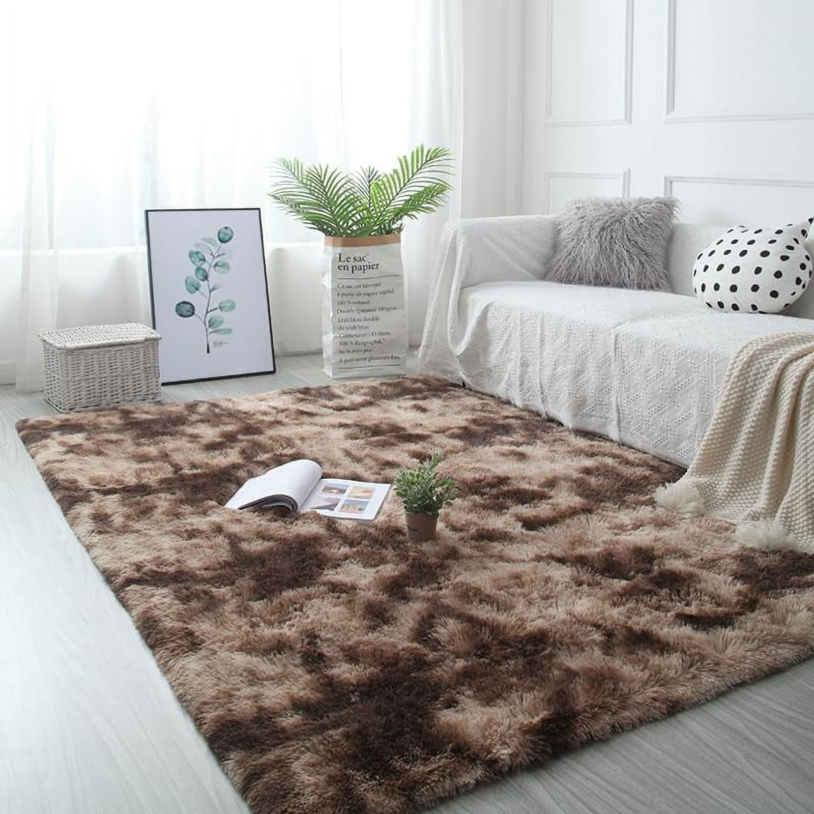 Junovo Luxury Velvet Shag Area Rug Modern Indoor Fluffy Rugs, Extra Comfy and Soft Carpet For Bedroom Living Room Kids Room,6'x9',Coffee