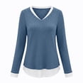 thumbnail image 5 of Staron Women's Ribbed Knit Sweaters V Neck Long Sleeve Slim Fit Casual Pullover Tops Fall Winter Layered Curved Hem Stretchy Knit Shirt Navy XL, 5 of 6