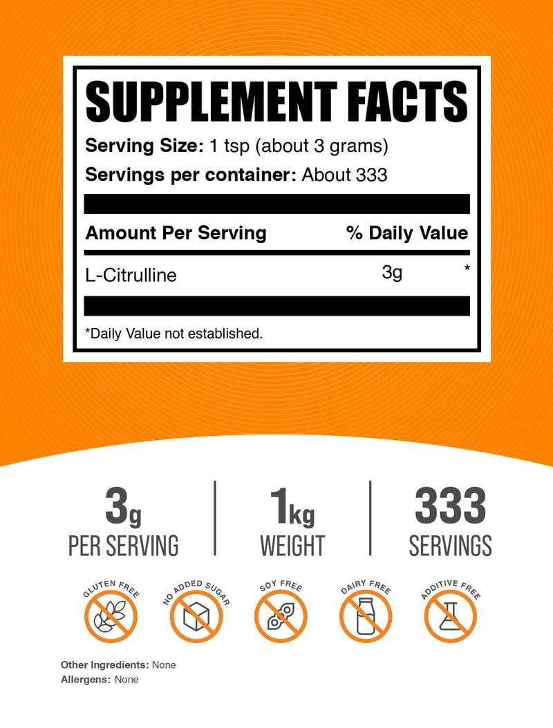BulkSupplements L-Citrulline Powder - Amino Acid Supplement, Nitric Oxide Support - Unflavored, 1kg (2.2 lbs)
