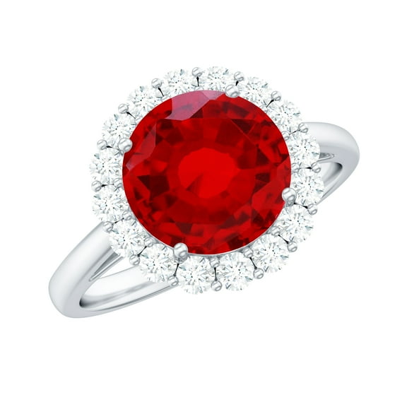 Rosec Jewels Certified Lab Grown Ruby Engagement Ring with Halo - Round Ruby Diamond Ring for Women (8 mm, AAAA Quality), 925 Sterling Silver, US 4.00