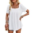 thumbnail image 2 of Women'S Hollow Pleated Short Sleeves Square Neck Casual Loose Solid Color Knit T Shirts Tops Blouses White M, 2 of 9