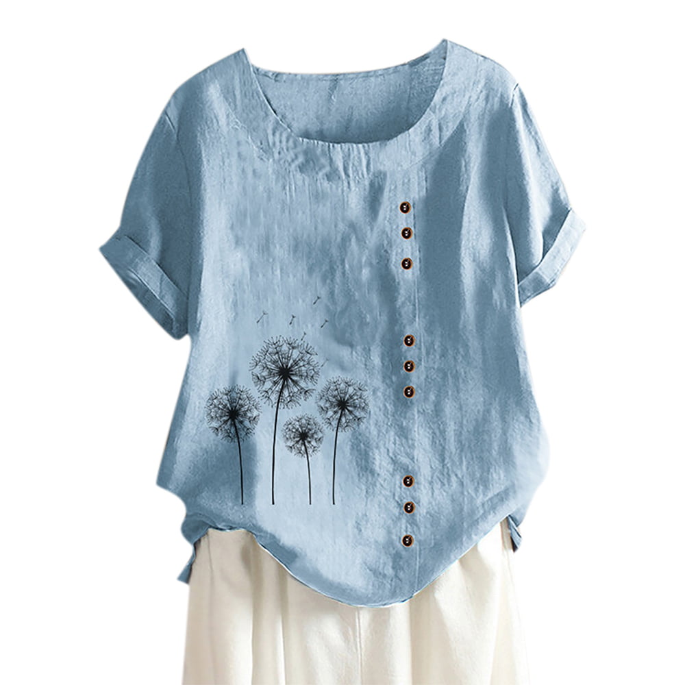 Cotton Linen Tops for Women Fashion Dandelion Print Blouses Plus Size Short Sleeve T Shirt Casual O Neck Tunic Tee