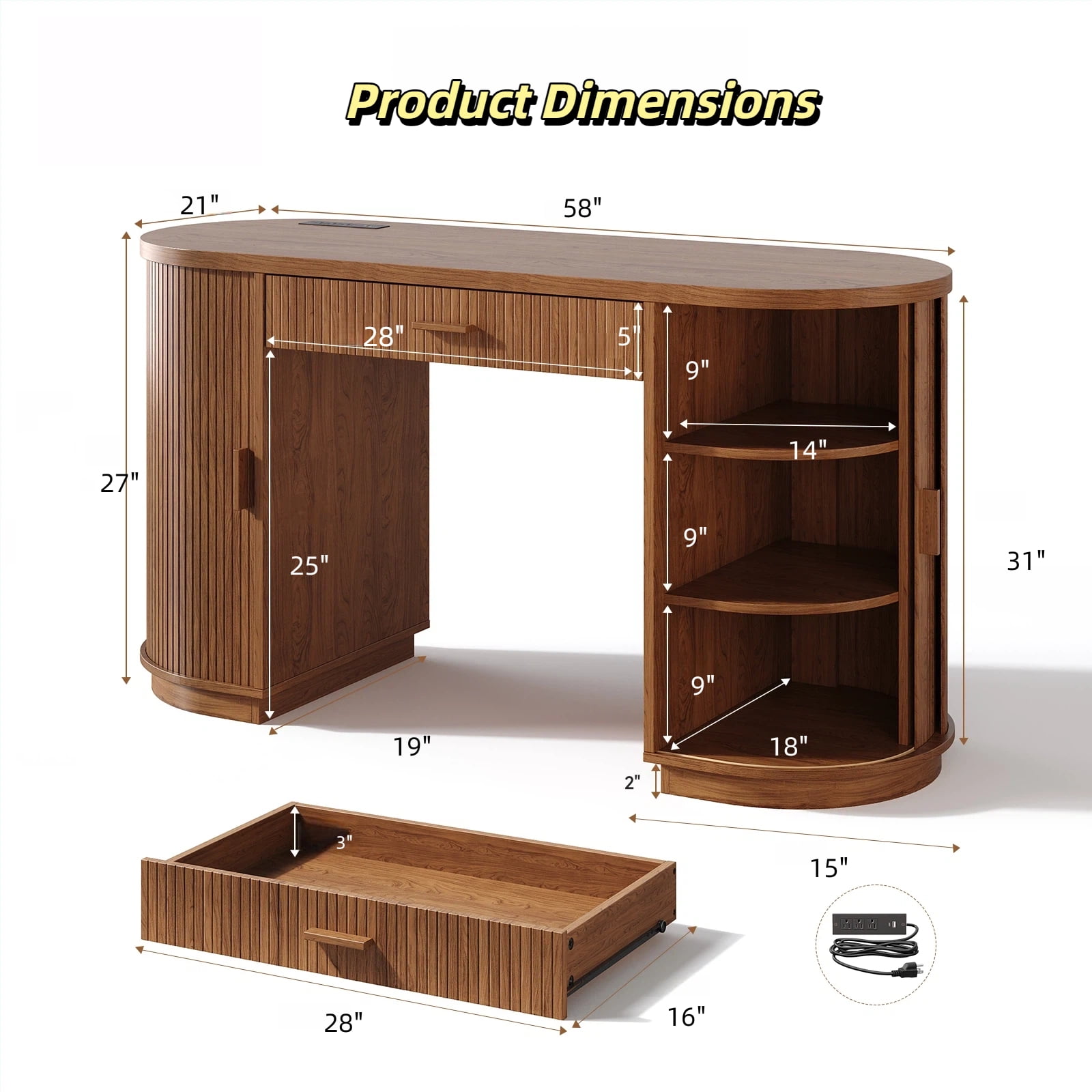 58 inch Home Office Desk with Charging Station, Fluted Executive Computer Desk with Drawers and Storage Cabinet, Large Wood Writing Table for Study, Living Room, Bedroom Workstation,Elegant Walnut