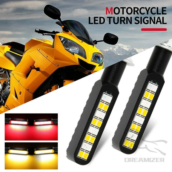2PCS Flowing LED Motorcycle Turn Signal Strobe Brake Tail Lights, Aluminum Alloy 12V Super Bright Motorbike Front Rear Blinkers Fit for Harley Honda Kawasaki Suzuki Yamaha - Red & Amber
