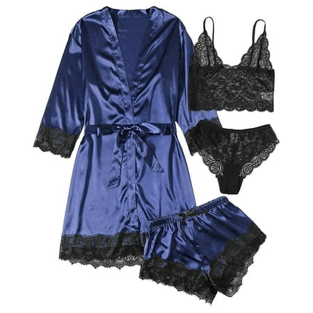 

Pajama Sets Clearance 4-Piece Women Garter Lingerie Set Robes Lace Bodysuit Deep-V Neck Underwear