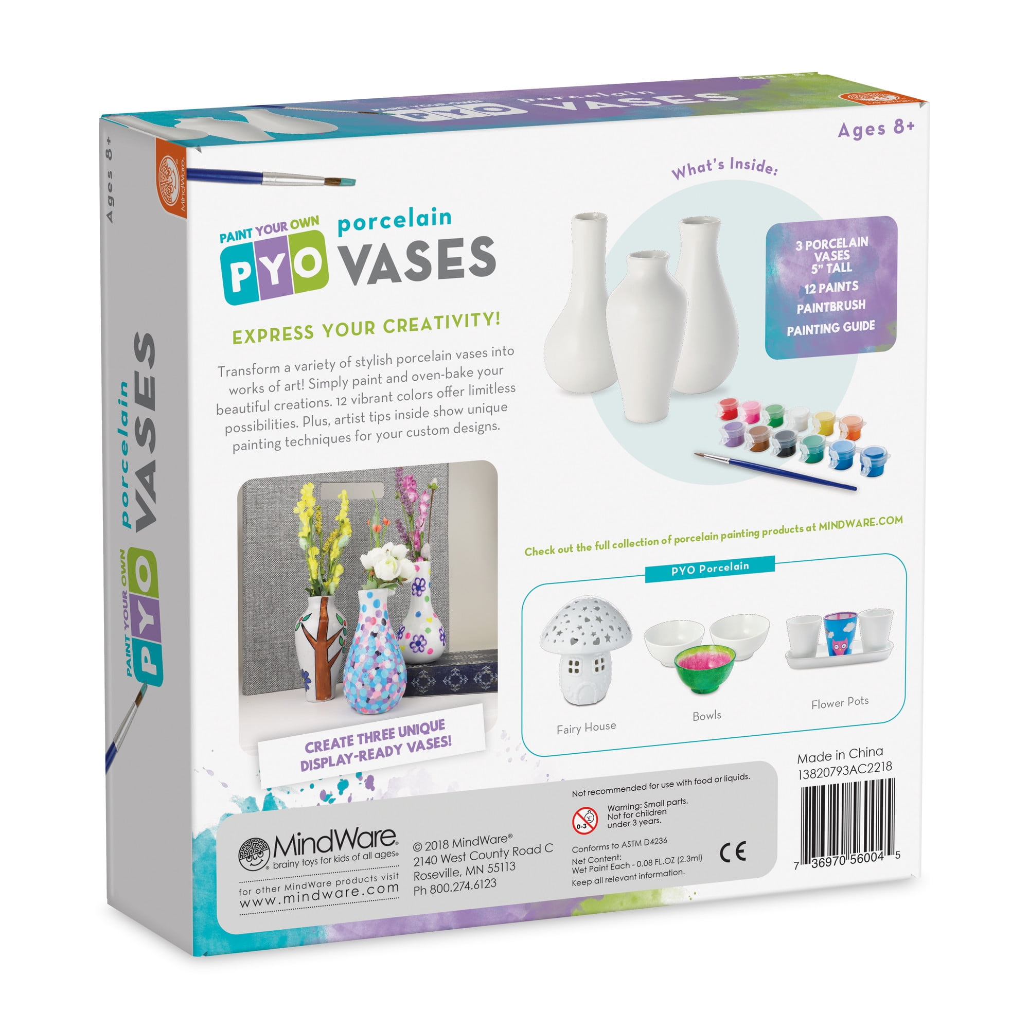 MindWare Paint Your Own Porcelain Vases, DIY Porcelain Vases Set of 3 for Kids