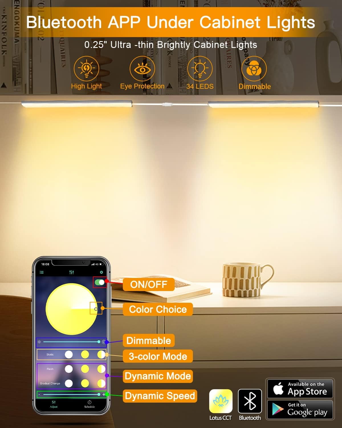 JJEAN-Dimmable 12 Inch Ultra Thin Under Cabinet Lighting, Under Cabinet Lights Plug in, Multi-Color Super Bright LED Lights Bar Under Counter Lights Indoor for Kitchen, Shelf, Closet, Desk (3 Pack)