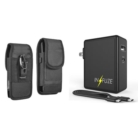

Pouch and Wall Charger Bundle for Alcatel TCL 30 Z: Vertical Rugged Nylon Belt Holster Case (Black) and 45W Dual USB Port PD Power Delivery Type-C and USB-A Power Adapter