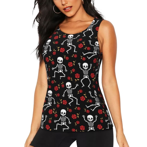 Balery Skeleton with Roses Camiseta sin mangas estampada ligera para mujer, tops de entrenamiento sin mangas, camisetas de yoga transpirables de secado rápido.-Small