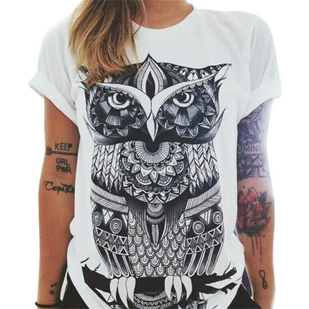 MayShow Clearance Women Owl/Letters /eye Print T-shirt Loose Solid Color Round Neck Short-sleeved T shirt Blouse Top for Women Discount