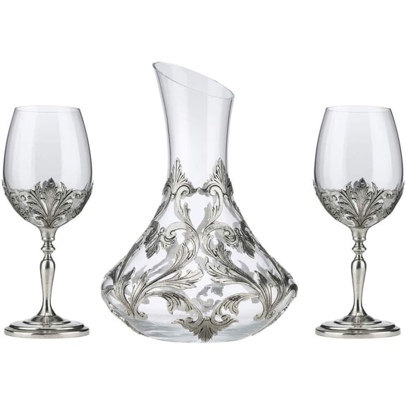 JD Pewter 3-piece Glass Set, 48 Oz Decanter   two 14 Oz Glasses, Decorated with Silver Pewter Ornament, Handcrafted, Old-fashioned