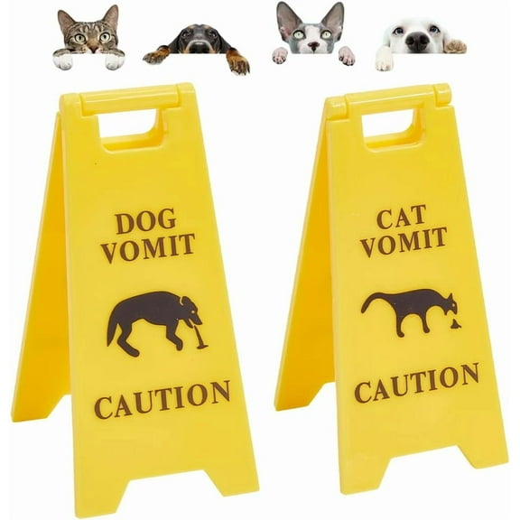 2Pcs Cat Caution Sign Dog Vomit Sign Yellow ABS Plastic Pets Vomiting Wet Floor Pee Poop Desk Funny Warning Gag Decoration Plaque for Home Office Kitchen Bathroom Outdoor 4.9 Inch