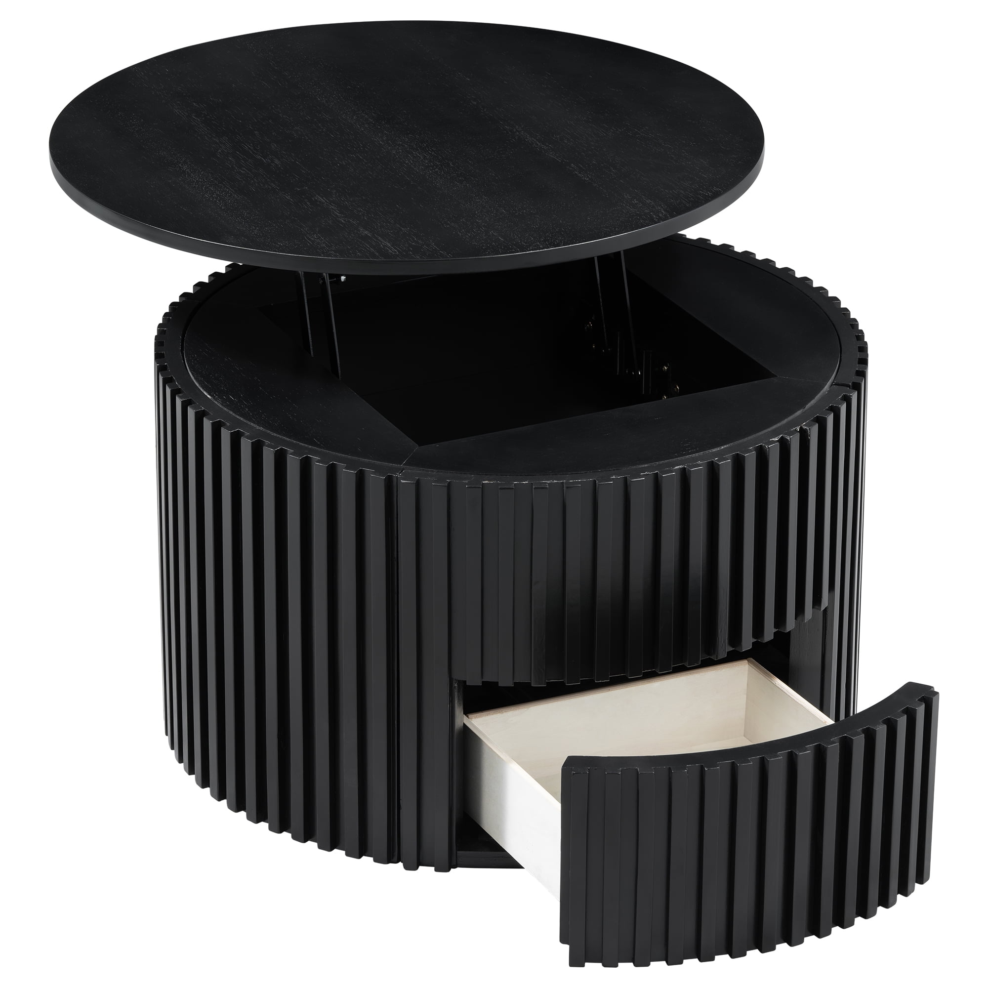 Mintazer Farmhouse Round Lift Top Coffee Table, Modern Fluted Accent Coffee Table with Drawer & Hidden Storage for Living Room, Black