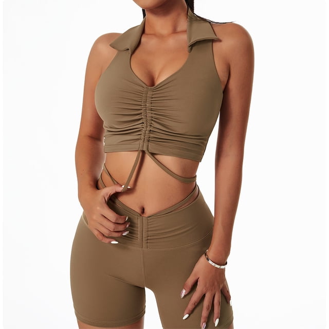 Top deportivo para mujer para ejercicios de alto impacto, diseño de espalda bonita, ropa de entrenamiento a prueba de golpes, sujetador de yoga con solapa marrón talla L