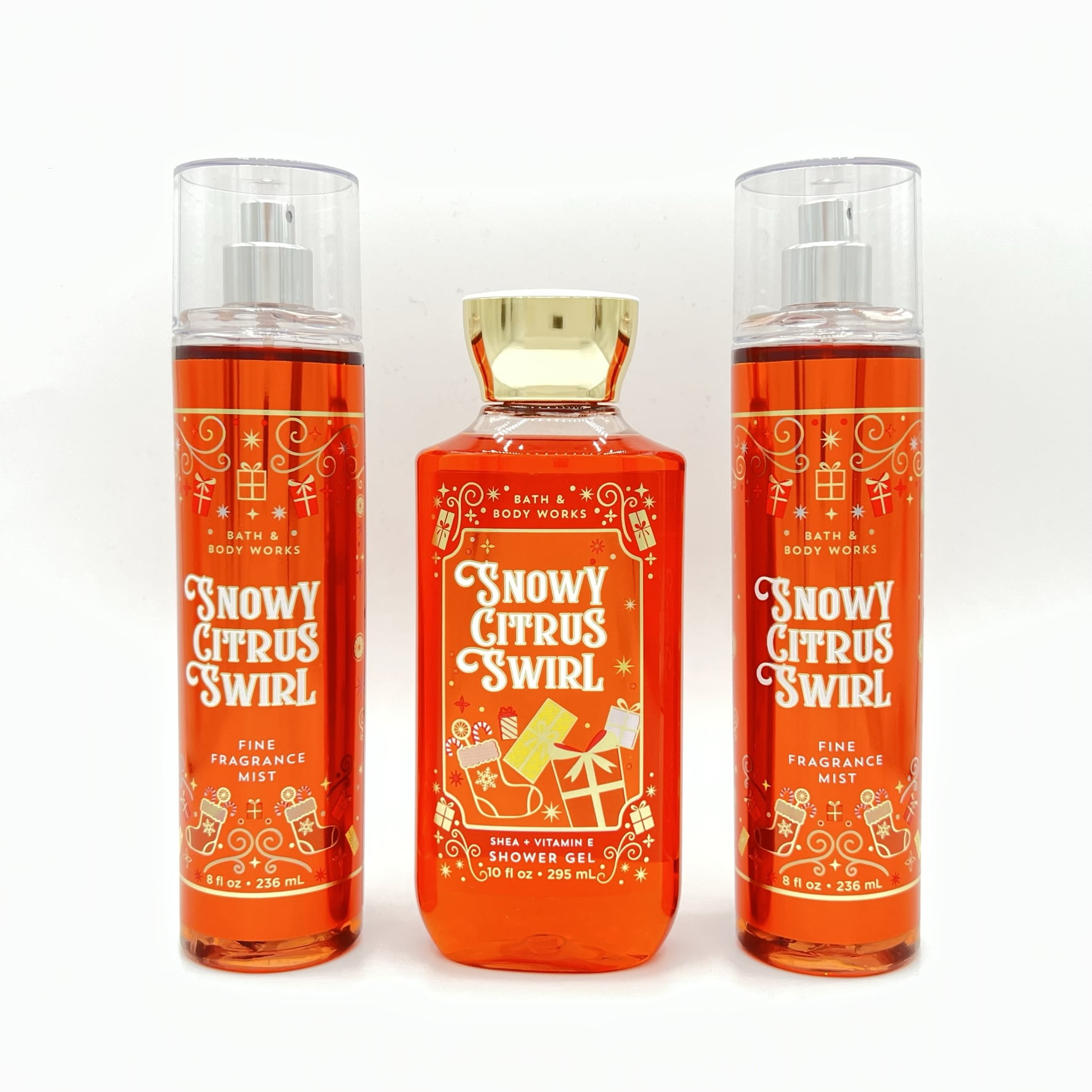 Bath and Body Works Snowy Citrus Swirl 3 Piece Bundle of Two 8oz Fine Fragrance Mists and One 10oz Shower Gel