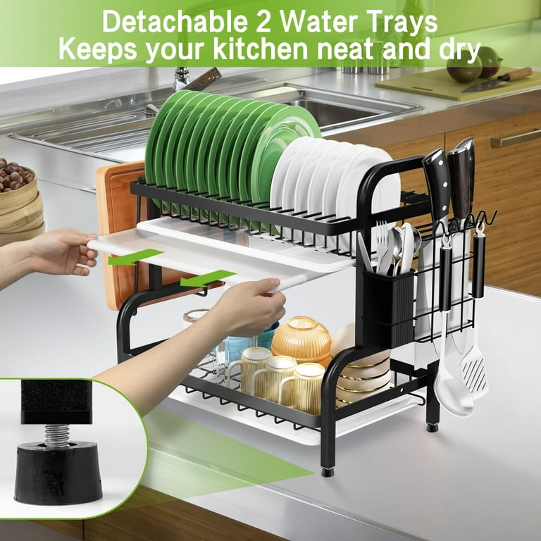 Riousery Large Dish Drying Rack and Dish Drainer 2 Tier Multifunctional  Dish Rack for Kitchen Counter, Drying Rack for Dishes with Drainboard Set,  Wine Glass Holder, Utensils Holder, Detachable, Black 