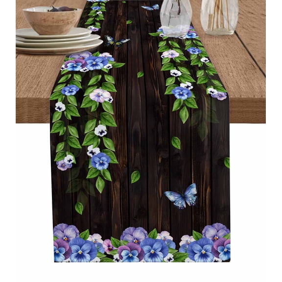 ERUNPONLY Spring Flowers Table Runner - 90 Inch Long Summer Pastoral Botanical Butterfly Cotton and Linen Blended Dress Scarves Farmhouse Table Runner for Kitchen Dining, Coffee Table, 13"x90"