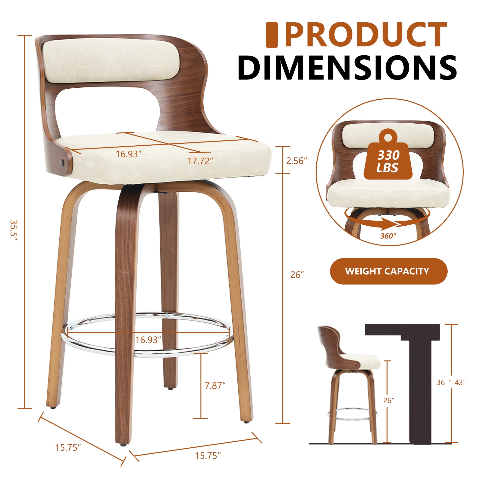 ClinQ 26 inch Swivel Bar Stools Set of 2, Counter Height Bar Chairs with Walnut Legs and Silver Ring Footrest, Upholstered Faux Leather, Beige