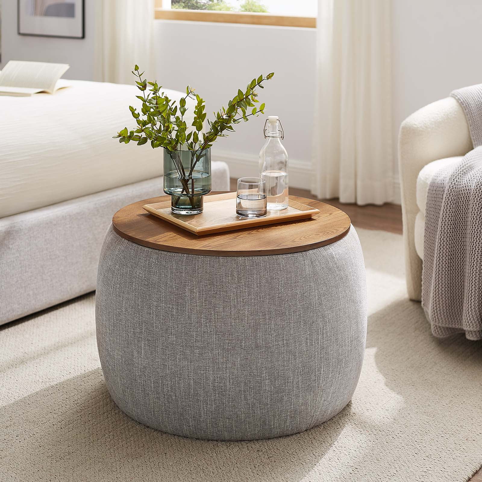 naptime ラウンドクッション OFFWHITE Perla Upholstered Fabric Storage Ottoman in Ivory Fabric - Walmart.com