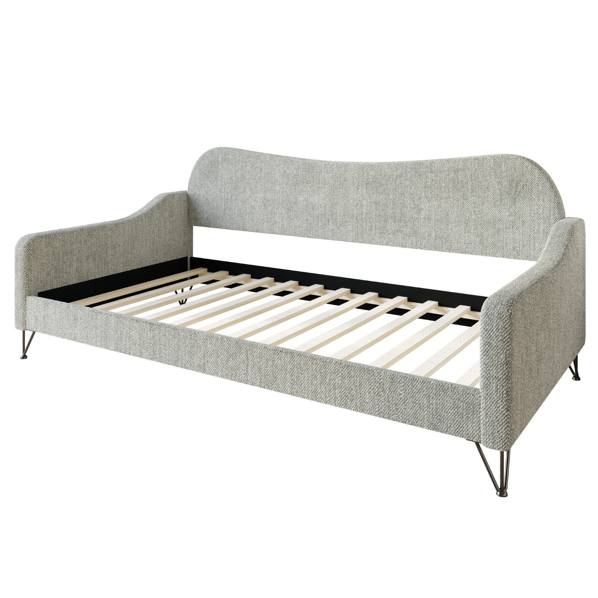 Home Design Natty Twin Daybed with Upholstered Frame, Elegant Backrest and Arms, Black Metal Legs, Stylish Seating and Sleeping Solution, Gray