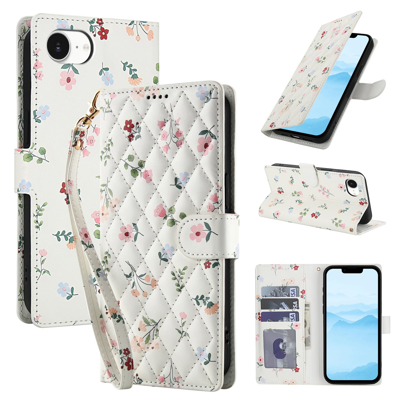 Dteck for iPhone 16E (2025) Wallet Case with Card Holder, Shockproof PU Leather Flip RFID Blocking Protective Phone Cover with 3 Card Slots Kickstand Wrist Strap for Women and Men, A