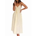 thumbnail image 2 of Women'S Summer V-Neck Maxi Dress Striped Holiday Bohemian Beach Spaghetti Strap Sundress Back Tie Light Yellow S, 2 of 9