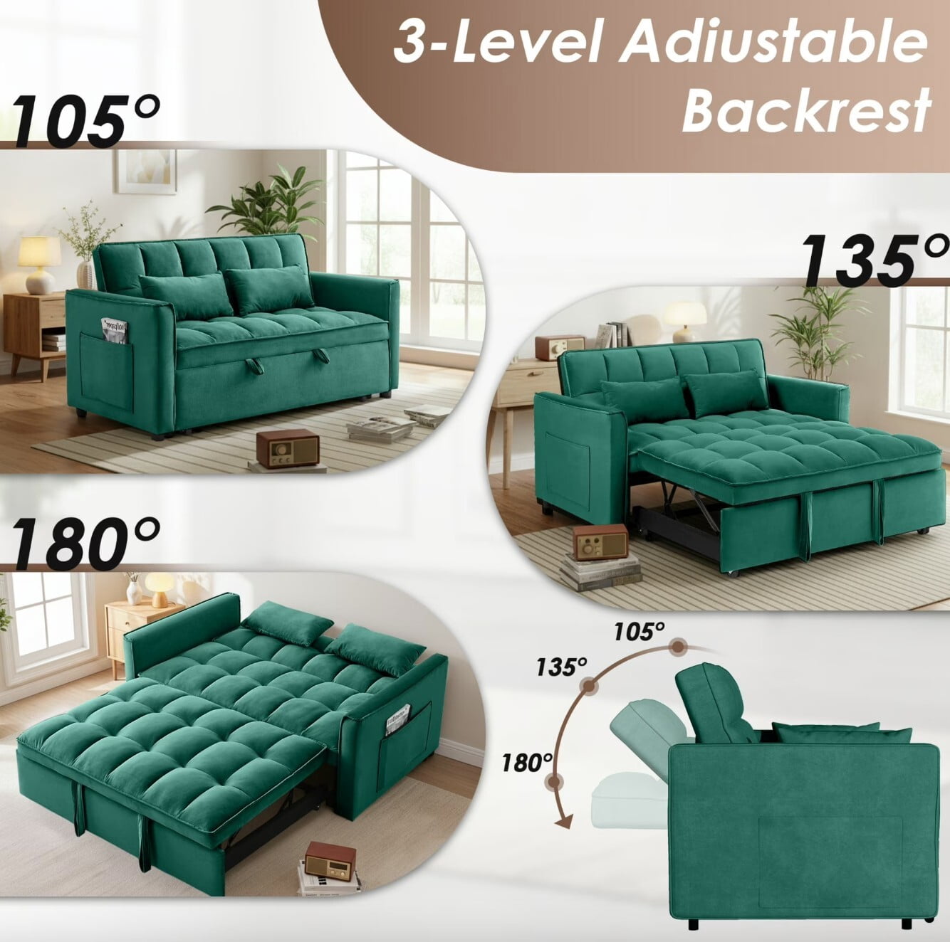 avobird 3 in 1 Convertible Sleeper Futon Sofa Bed, 55" Pull Out Sofa Bed with Storage Pocket/Side Pocket/2 Pillows for Living Room, Green