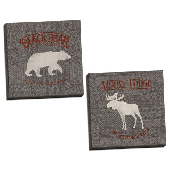 Gango Home Decor Contemporary Soft Lodge I & IV Dark with Red by Janelle Penner (Ready to Hang); Two 16x16in Hand-Stretched Canvases