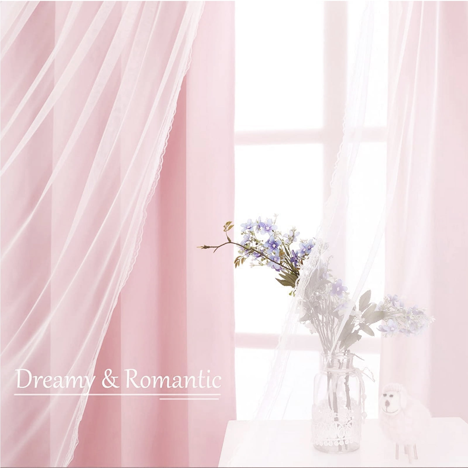Pink Curtains 63 Inch Long- Blackout Curtains with Voile Sheer Drapes Thermal Pink Window Treatments with Tie-Backs for Kids/Girls Bedroom Nursery Living Room, Elegant, 1 Panel