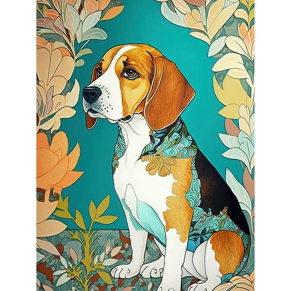 Beagle Dog with Floral Frame and Ornate Fur Coat Colourful Modern Art Nouveau Illustration Extra Large XL Wall Art Poster Print