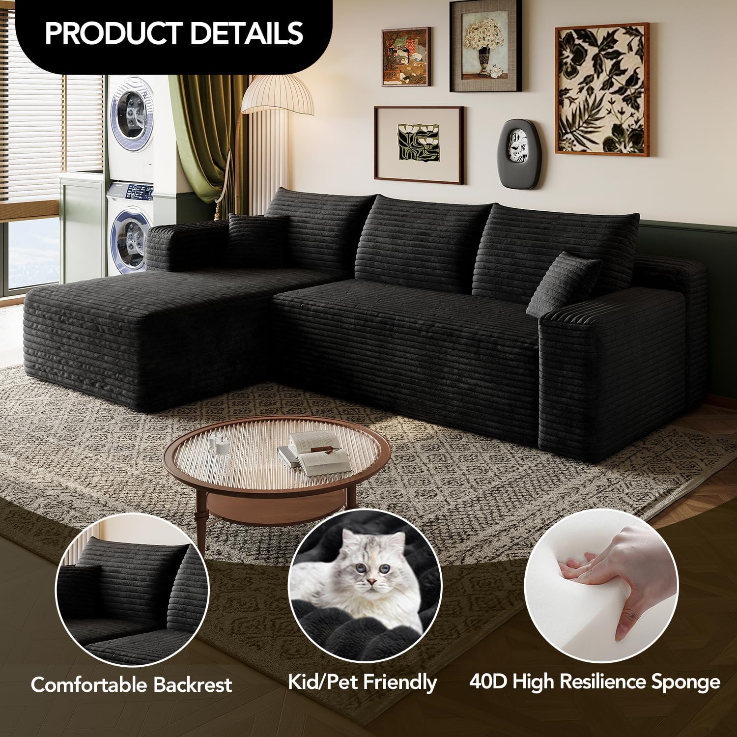 103" Cloud Sectional Sofa, Modern L Shaped Deep Seat Couch, Plush Corduroy Upholstered Sofa No Assembly, Living Room