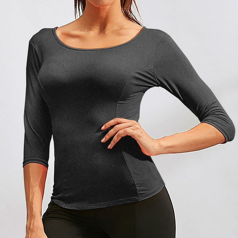 Womens Sports Yoga Shirts Casual Slim Fit Quick Dry 3/4 Sleeves Crewneck  Tops Breathable Workout Running Tees 