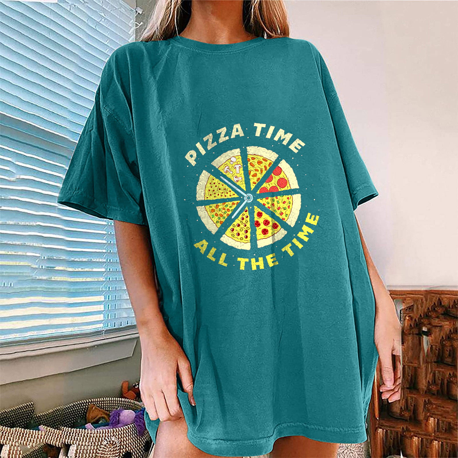 RQYYD Reduced Women Oversized Funny Pizza Graphic Print T-Shirt Crewneck  Short Sleeve Tee Blouse Casual Drop Shoulder Shirt Top 90s Girls(2#Blue,M)