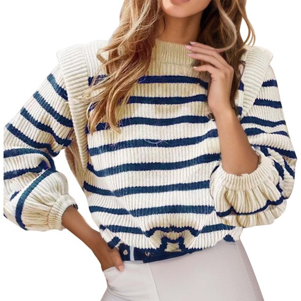 Gibobby SuéTer Para Mujeres Suéter de punto sexy con cuello redondo y mangas a de otoño e invierno para mujer(Azul,M)