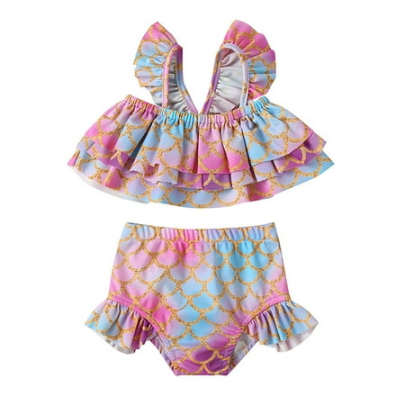 

LisenraIn 2PCS Toddler Baby Girls Swimsuit Mermaid Ruffles Bikini Set Bathing Suit Swimwear