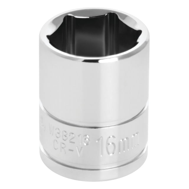 Performance Tool Socket W38216 3/8 Inch Drive; 16 Millimeter; Metric; 6 Point; Polished Nickel Chrome Plated; Vanadium Alloy Steel; Single