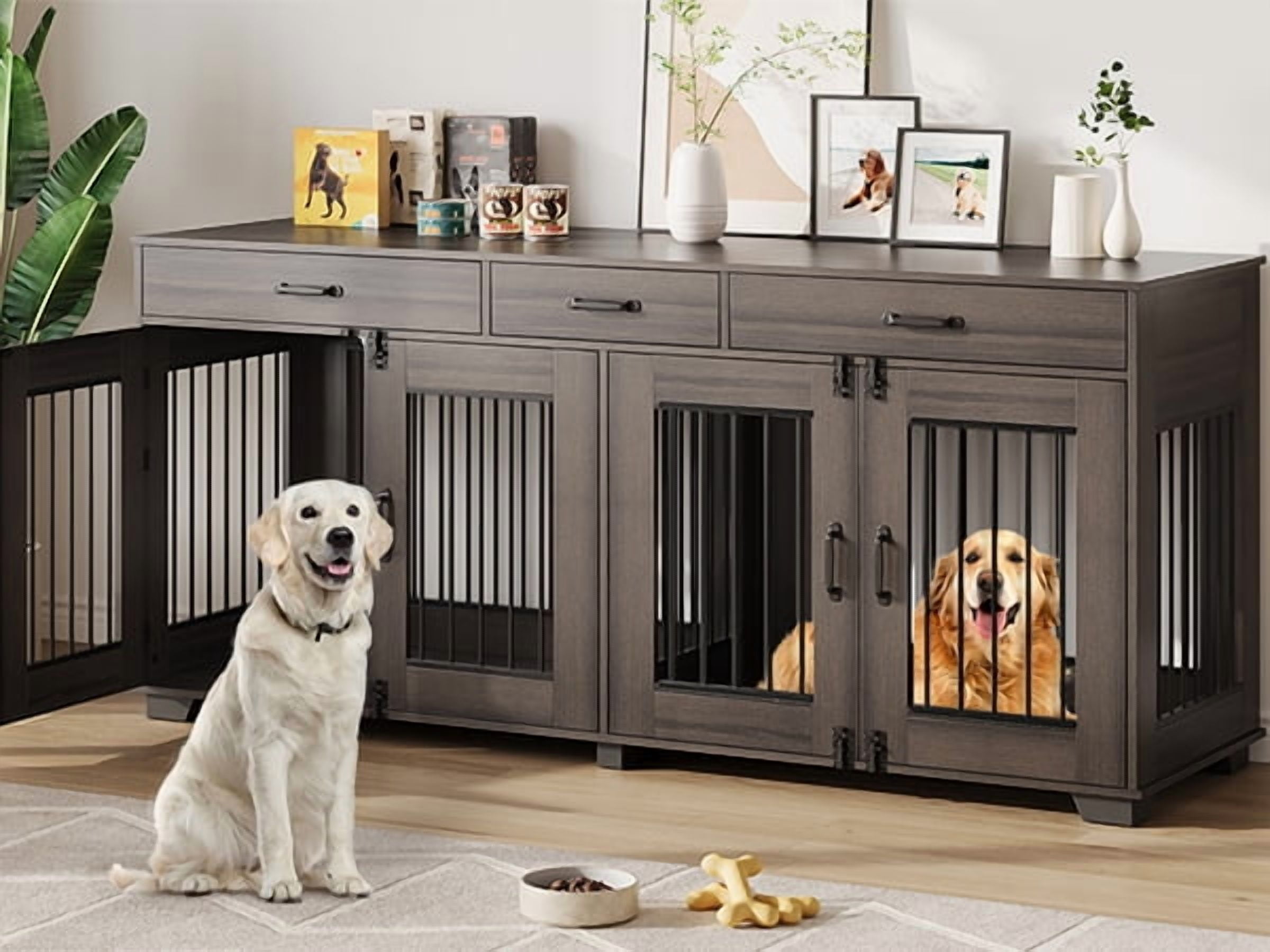 71-Inch Large Dog Crate with 3 Drawers for 2 Dogs, Spacious Wooden Indoor Kennel with Divider, Large Breed Dog Crate and TV Stand, Perfect for Medium Large Dogs