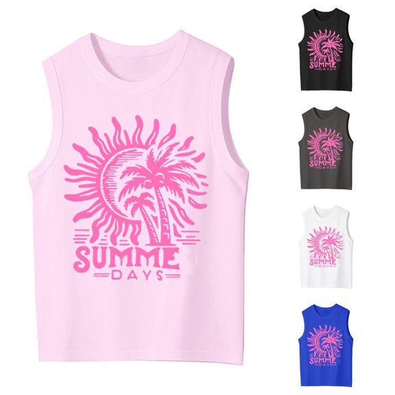 OSOLU Girls Tank Tops Crew Neck Lightweight Sleeveless Tees Gradient Letter Print Outdoor Playwear Family Vacation Tops